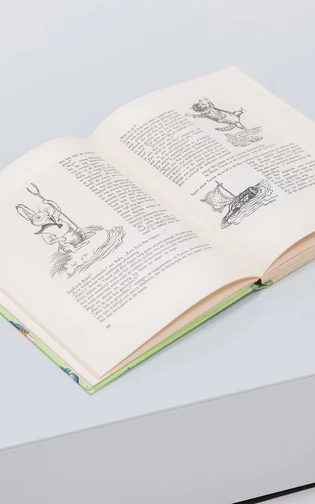 Open book, featuring black-and-white illustrations of animals and text on both pages.