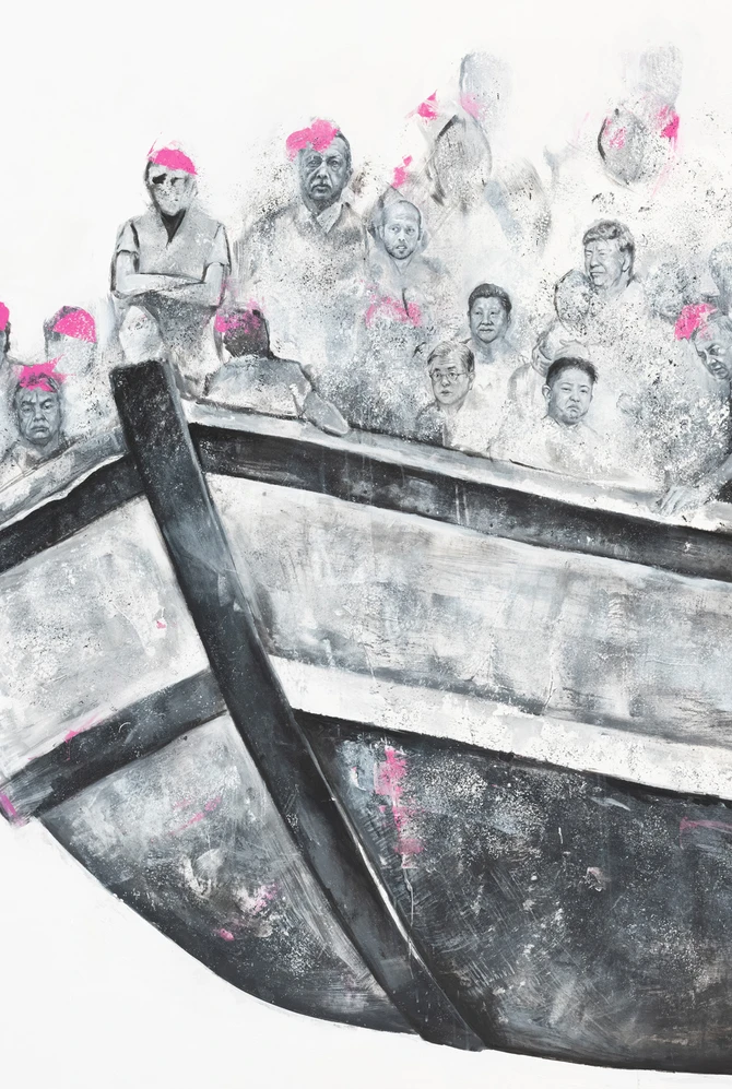 Een detail van een schilderij waarop een overvolle boot met mensen te zien is.