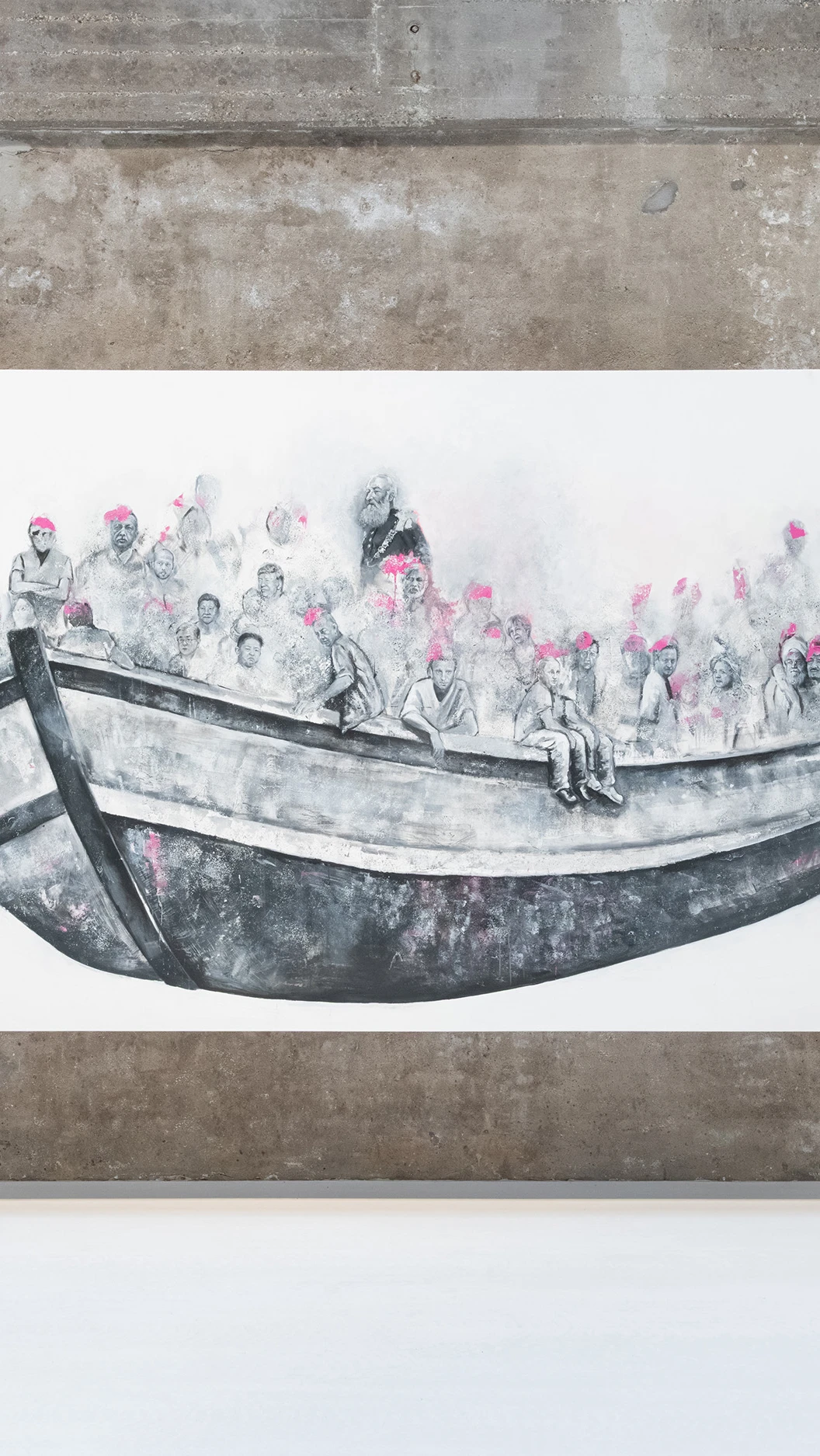 een groot schilderij een in moderne ruimte, zwart, wit en roze, illustratie met een boot