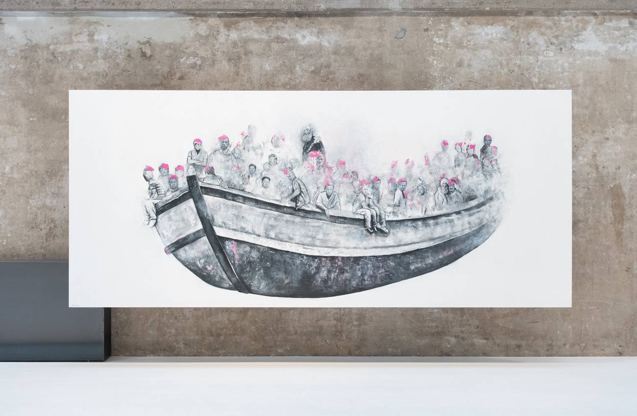een groot schilderij een in moderne ruimte, zwart, wit en roze, illustratie met een boot