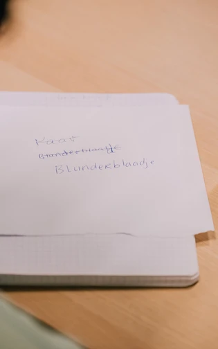 op een vel staan woorden doorgestreept. Daaronder 'blunderblaadje'