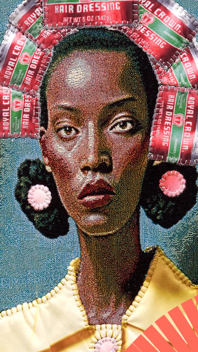 A woman with a calm expression, adorned with hair rollers made from tins,
