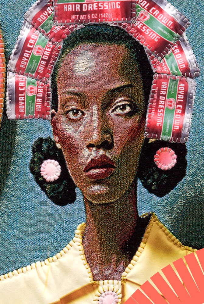 A woman with a calm expression, adorned with hair rollers made from tins,