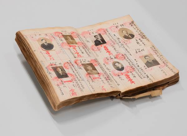 een oud boek met pasfoto's, Chinees schrift en rode stempels ligt open op een grijze ondergrond