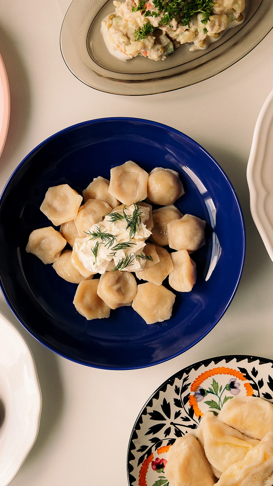 Dishes on colorful plates: dumplings with dill, borscht with herbs and cream, pastries and salad.
