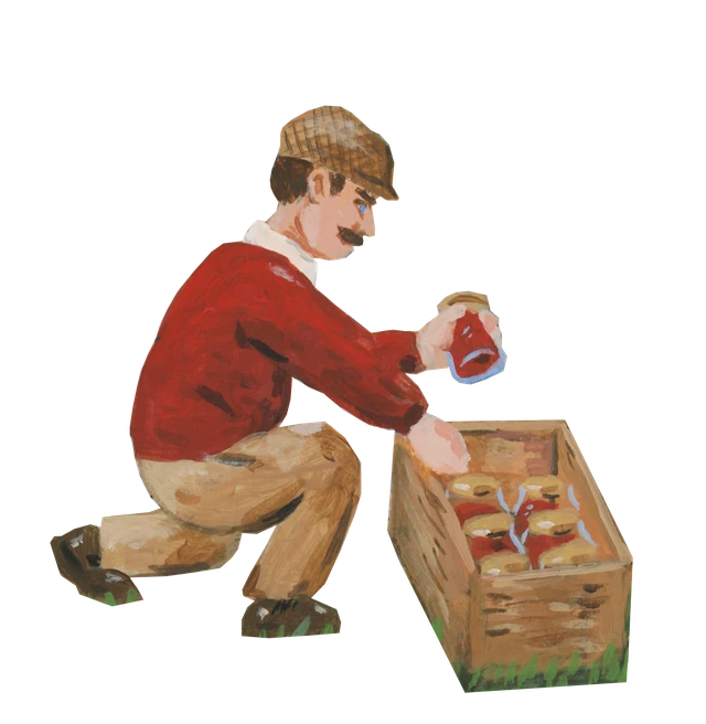 een illustratie van een man in jaren 30 kleding hurkt bij een krat met potjes sambal
