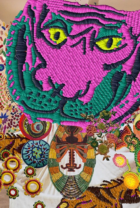 A large pink and green embroidered tiger with yellow eyes, in the maastunnel