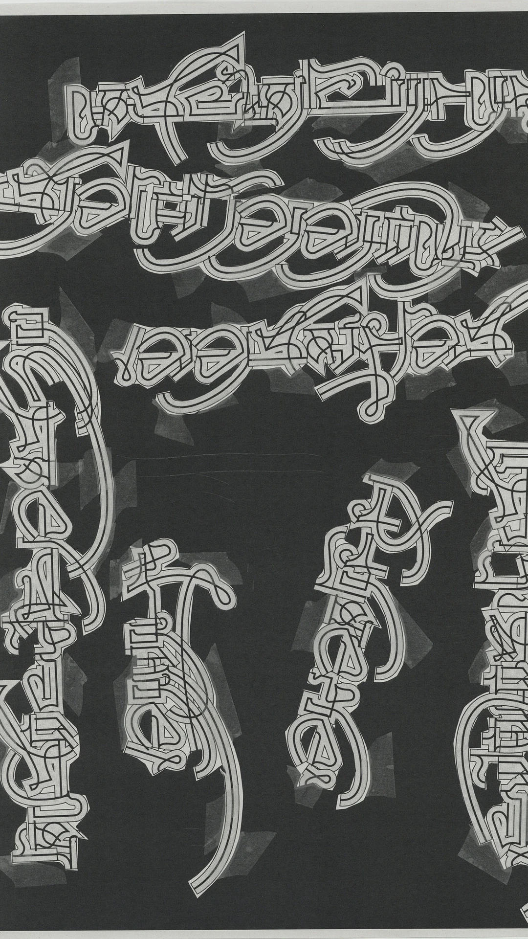 An abstract black-and-white composition of layered, intertwined letterforms arranged across a dark b