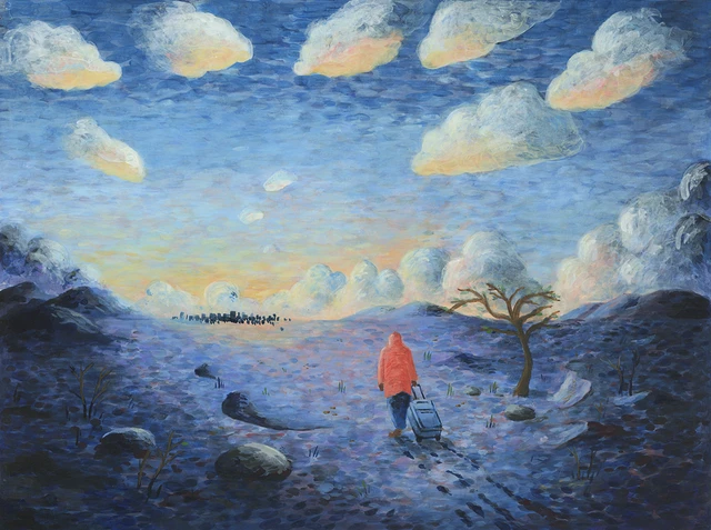 een illustratie van een figuur in de woenstijn bij zonsopgang. Hij trekt een koffer mee,.