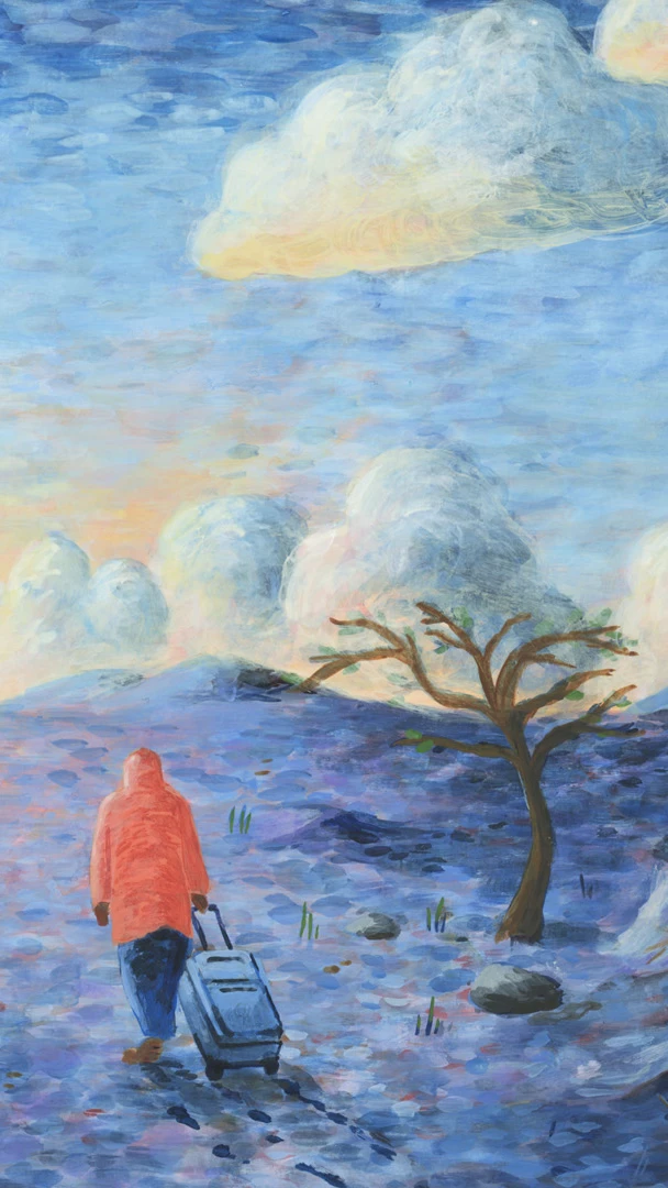 een illustratie van een figuur in de woenstijn bij zonsopgang. Hij trekt een koffer mee,.