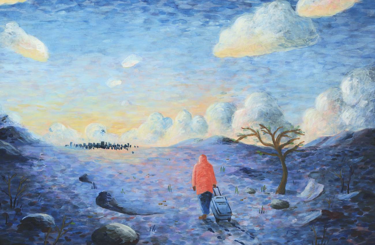 een illustratie van een figuur in de woenstijn bij zonsopgang. Hij trekt een koffer mee,.