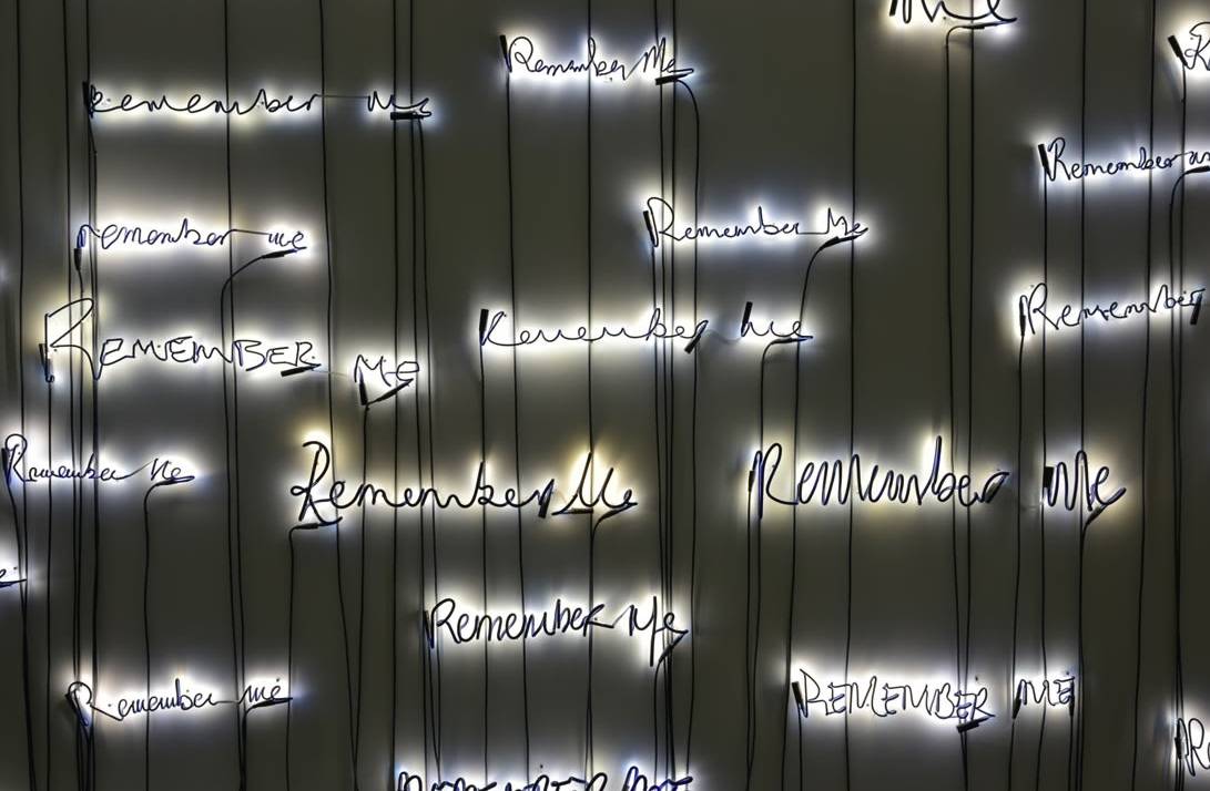 An illuminated installation featuring the words ‘Remember Me’ written repeatedly in different handwr