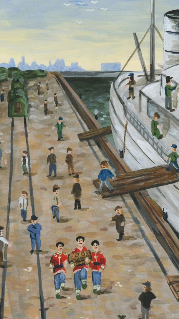 een illustratie van een ouderwetse kade, met een groot schip aan wal, en drie rood geklede figuren