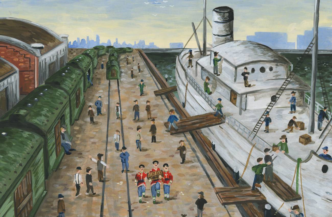 een illustratie van een ouderwetse kade, met een groot schip aan wal, en drie rood geklede figuren