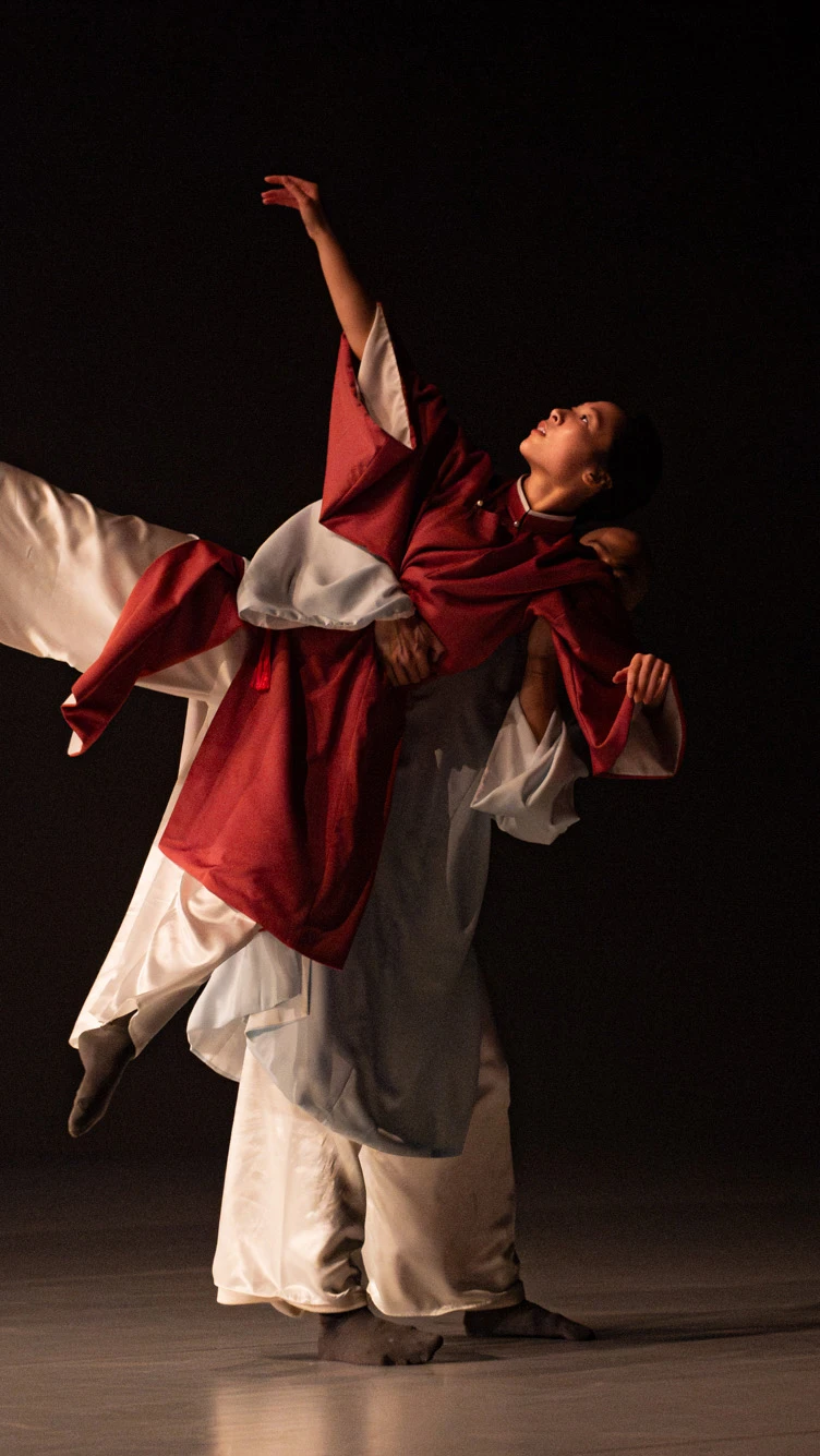 Two dancers perform on stage. One is gracefully lifted by another, conveying elegance and strength.