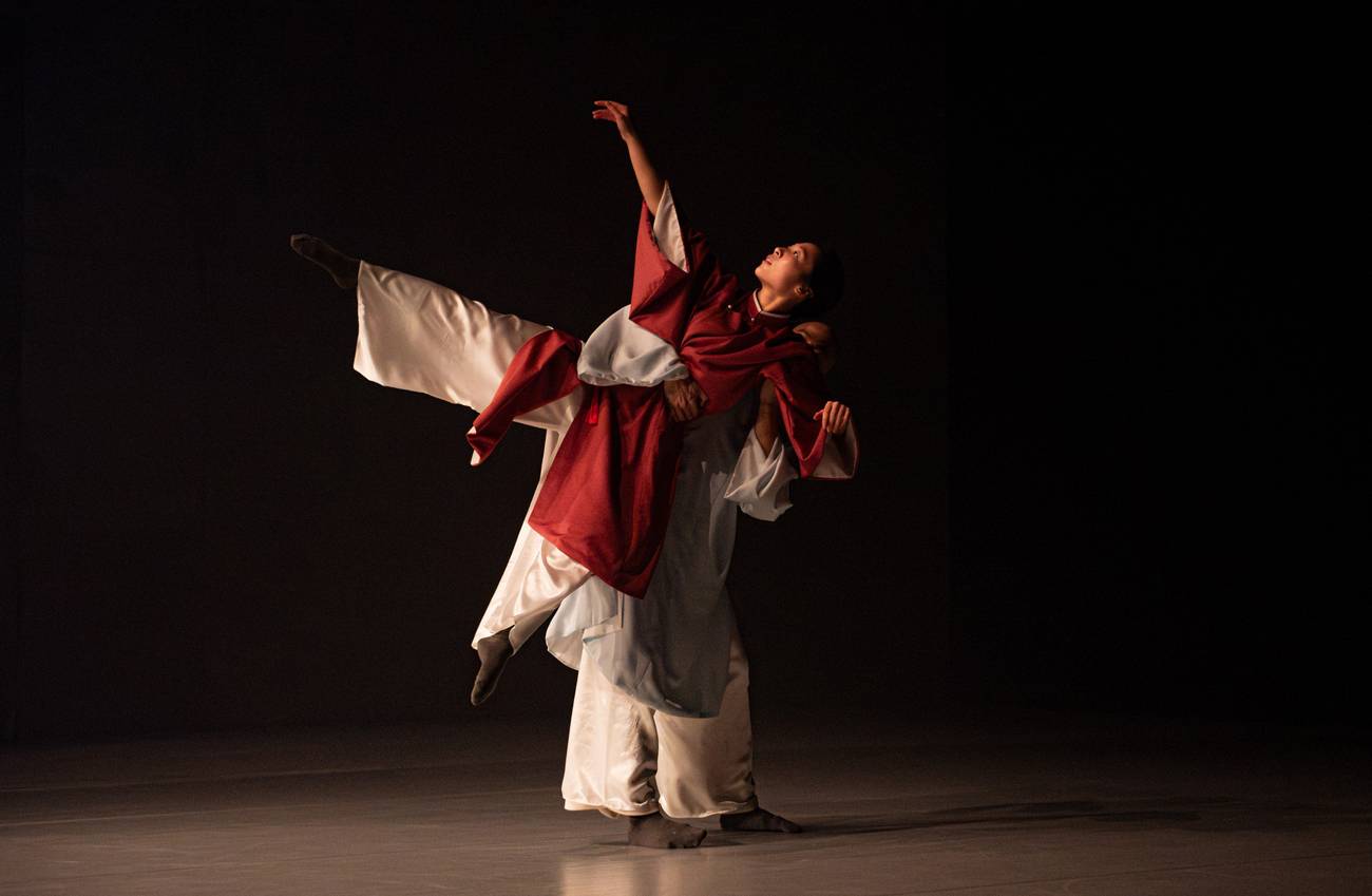 Two dancers perform on stage. One is gracefully lifted by another, conveying elegance and strength.