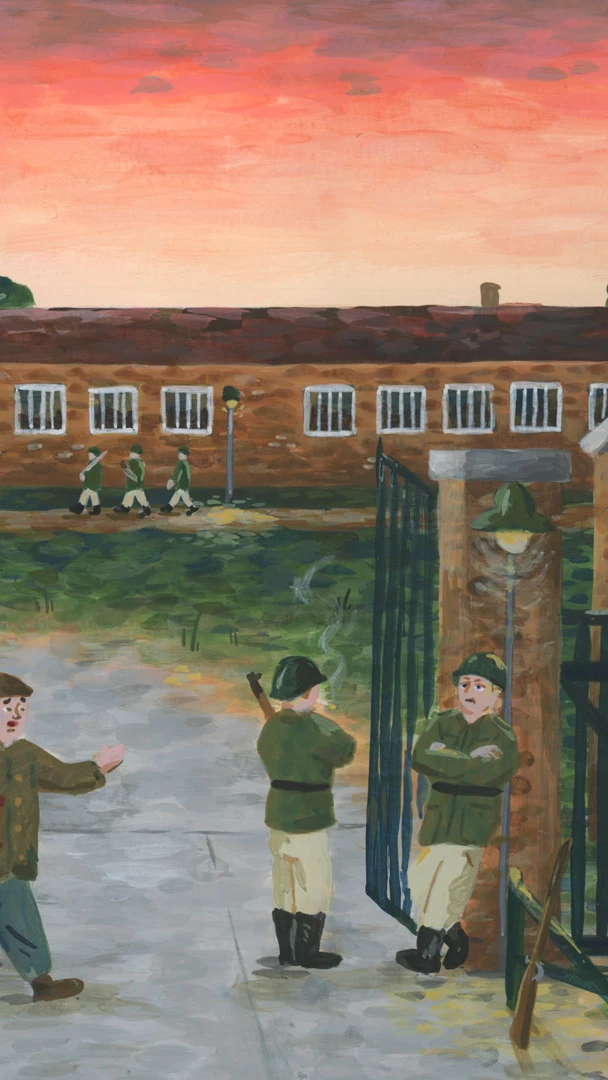een illustratie van een man die langs twee bewakers een poort uitloopt