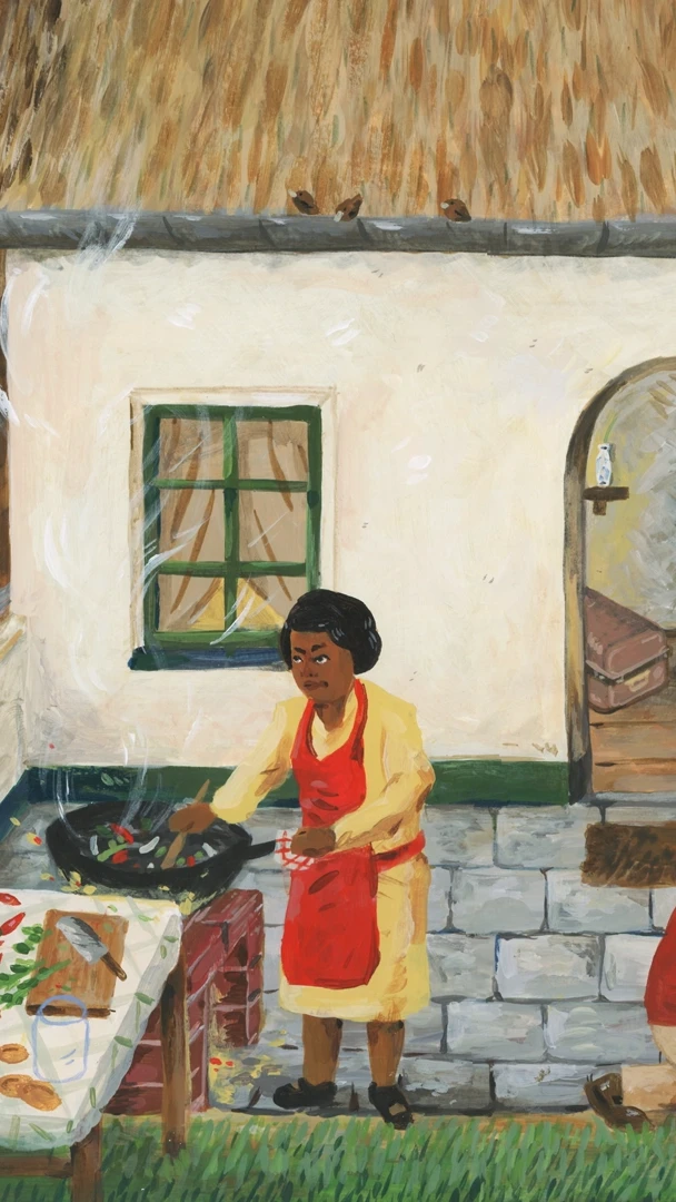 een illustratie van een achtertuin, waar een vrouw sambal aan het maken is,