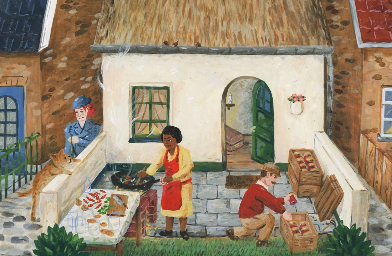 een illustratie van een achtertuin, waar een vrouw sambal aan het maken is,