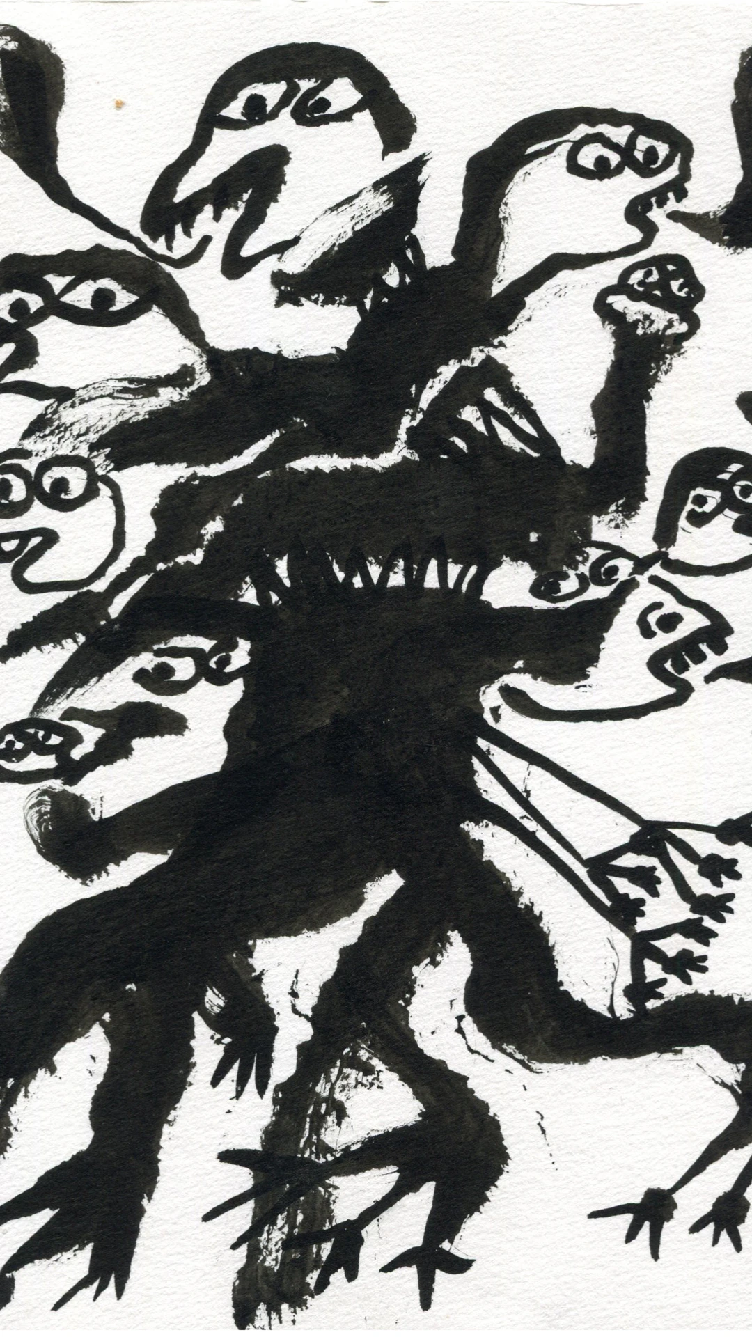 Black-and-white ink illustration of abstract creatures formed from expressive brushstrokes.