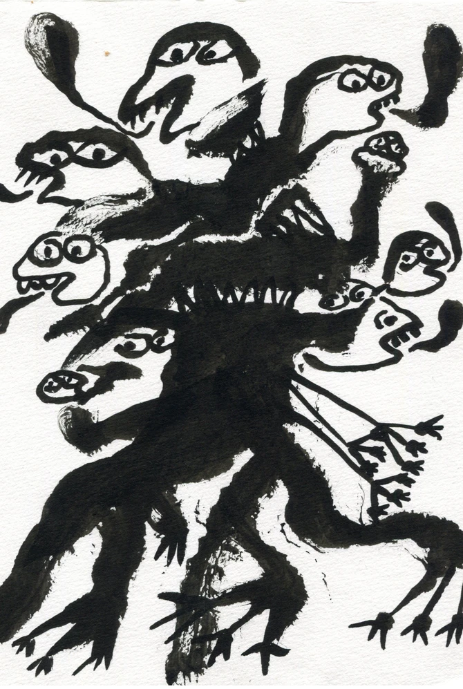 Black-and-white ink illustration of abstract creatures formed from expressive brushstrokes.