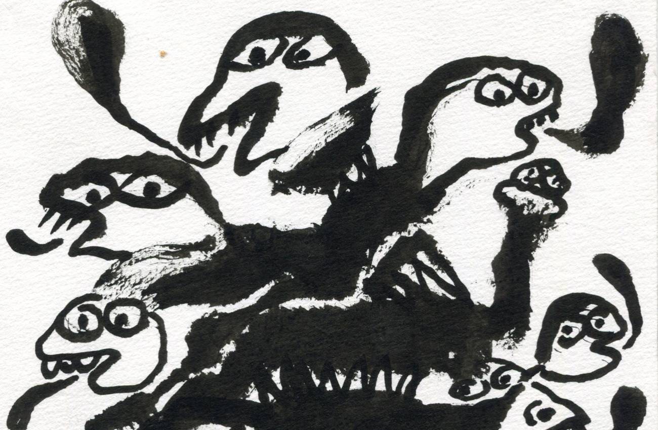 Black-and-white ink illustration of abstract creatures formed from expressive brushstrokes.