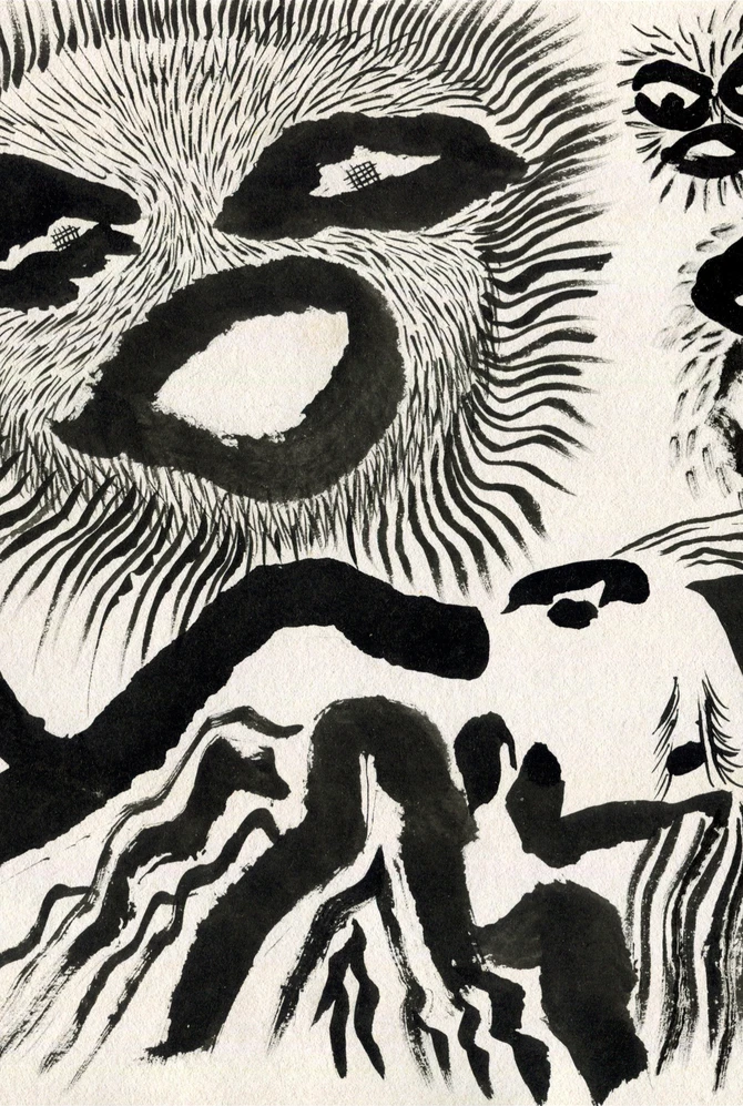 A black-and-white ink drawing of abstract faces and organic forms with bold, expressive lines.