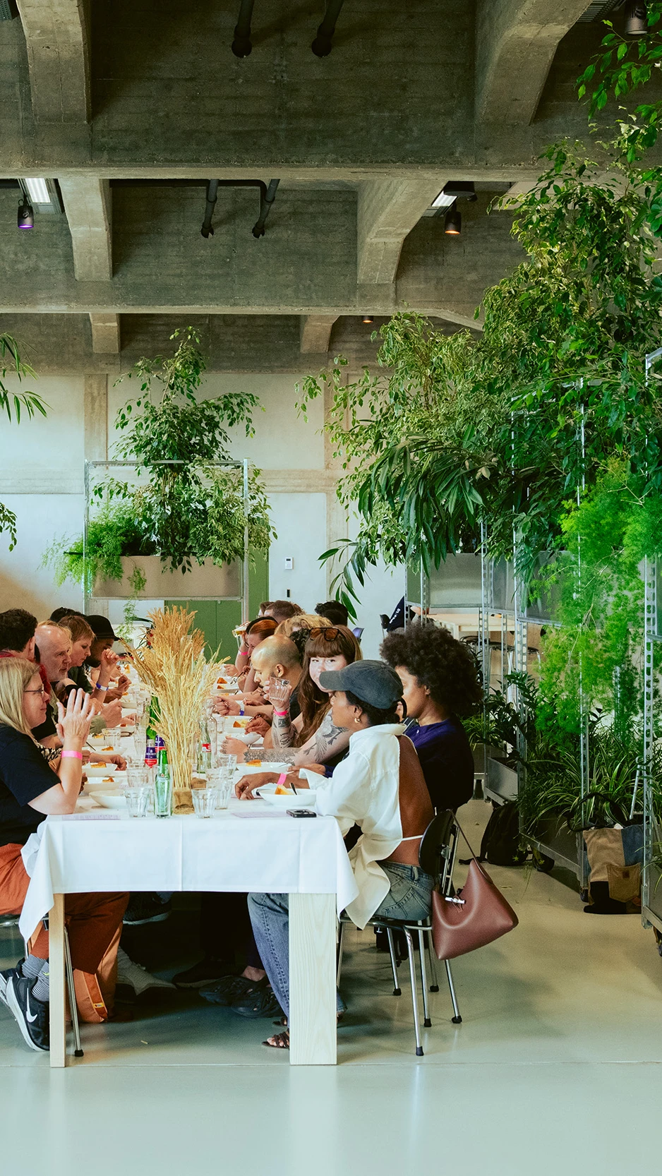 lange tafel omringt door hoge plantenbakken. de tafel is sfeervol gedekt, en aan tafel zitten mensen