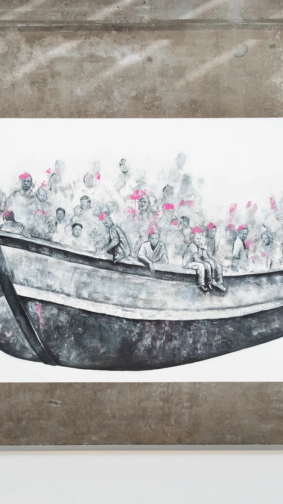 een groot schilderij een in moderne ruimte, zwart, wit en roze, illustratie met een boot