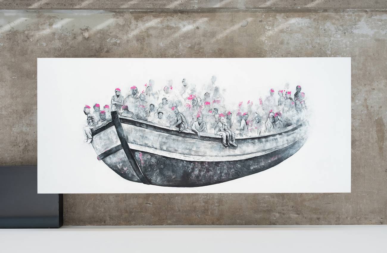 een groot schilderij een in moderne ruimte, zwart, wit en roze, illustratie met een boot